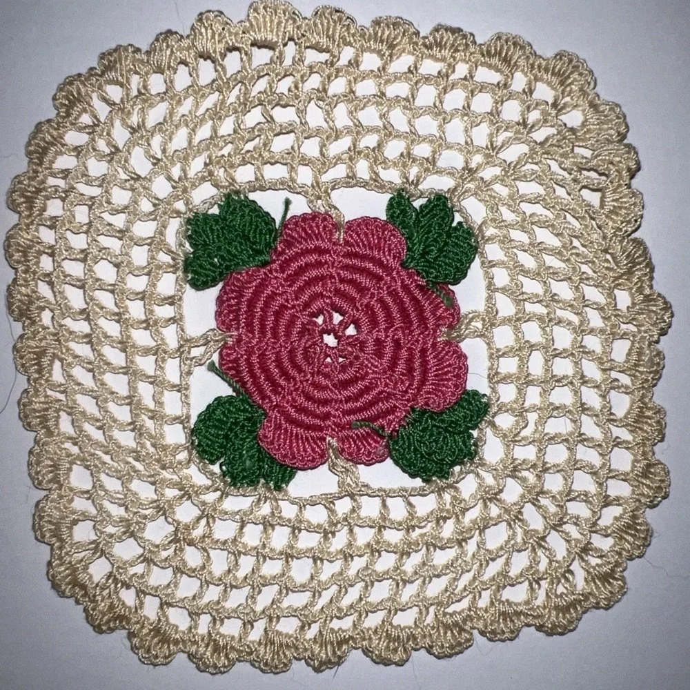 VTG 1950's Hand Crochet 3D Pink Beige Green Doilies Coasters Set Of 5 EUC